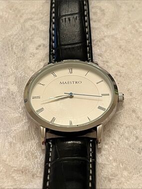 Maestro Classic Silver Dial Watch with Black Leather Strap